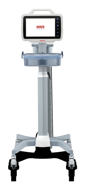 Huger VEP-200 video processor with a built-in display, on a medical trolley with a storage tray.